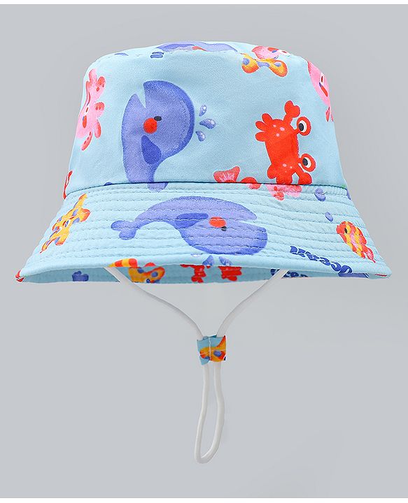 Babyhug Bucket Hat with Sea Life Print Light Blue - Diameter 17 cm