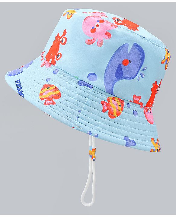 Babyhug Bucket Hat with Sea Life Print Light Blue - Diameter 17 cm