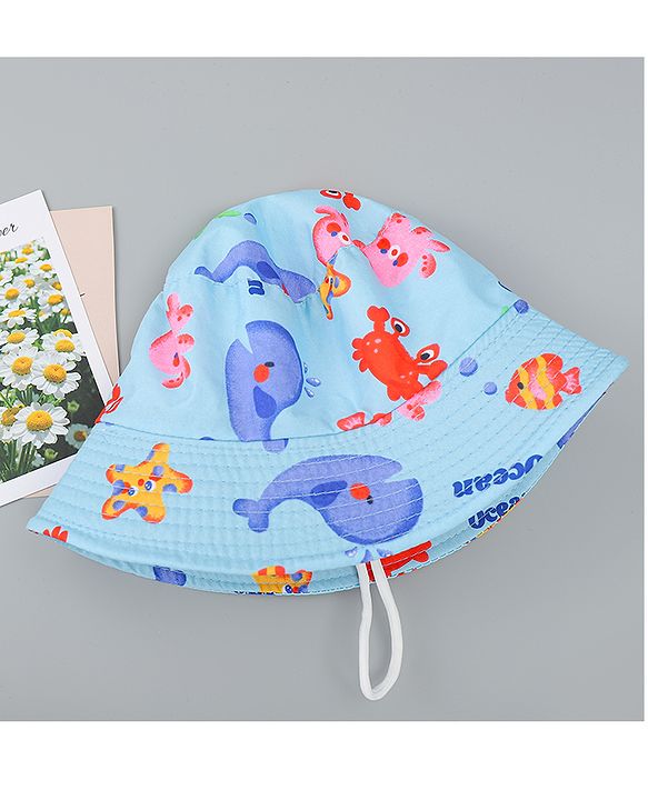 Babyhug Bucket Hat with Sea Life Print Light Blue - Diameter 17 cm