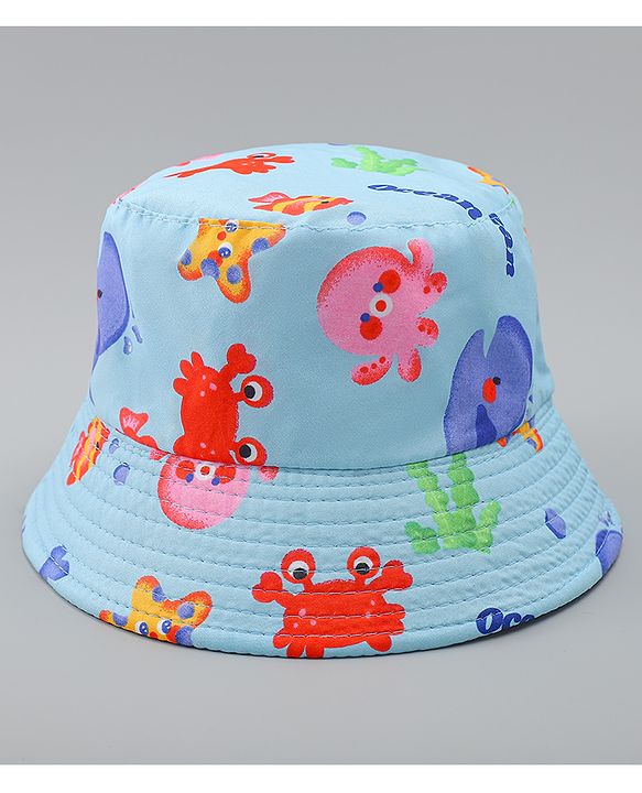 Babyhug Bucket Hat with Sea Life Print Light Blue - Diameter 17 cm