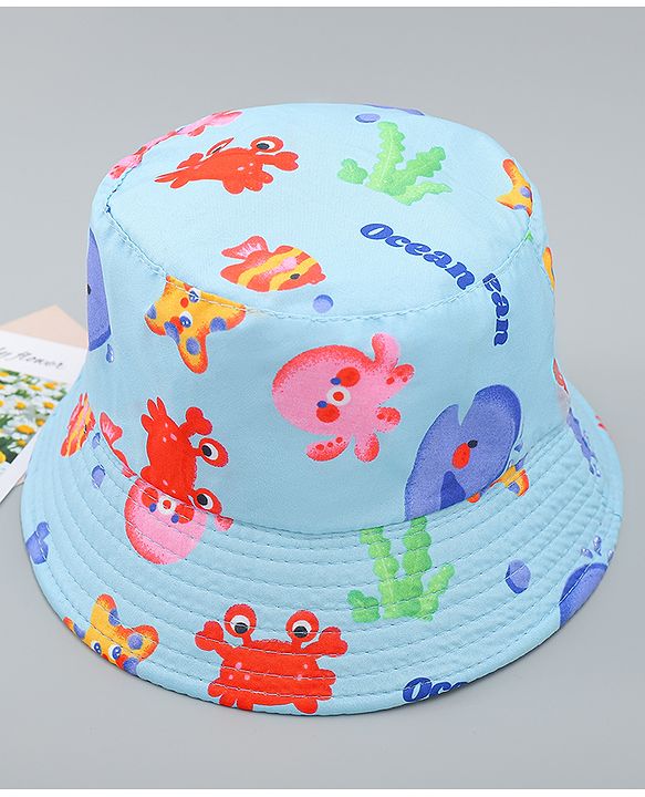 Babyhug Bucket Hat with Sea Life Print Light Blue - Diameter 17 cm