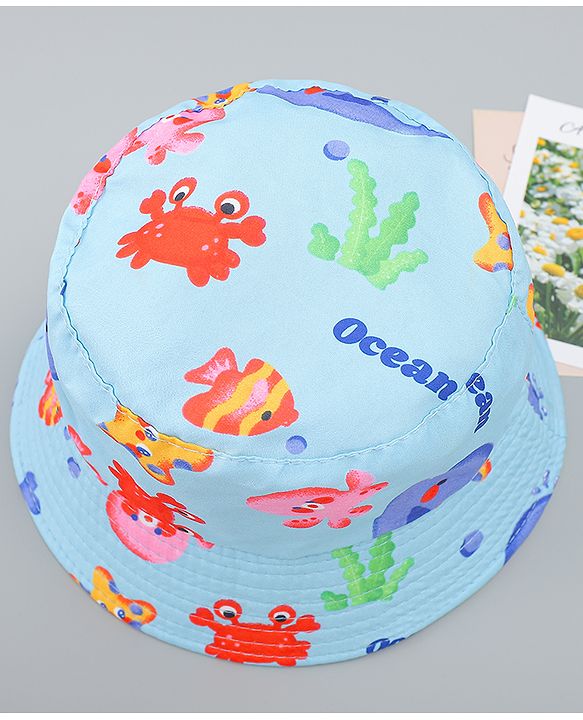 Babyhug Bucket Hat with Sea Life Print Light Blue - Diameter 17 cm