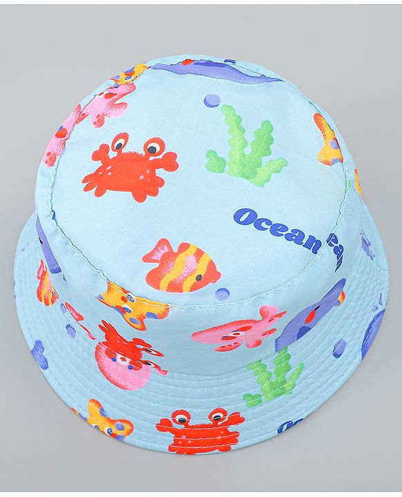 Babyhug Bucket Hat with Sea Life Print Light Blue - Diameter 17 cm