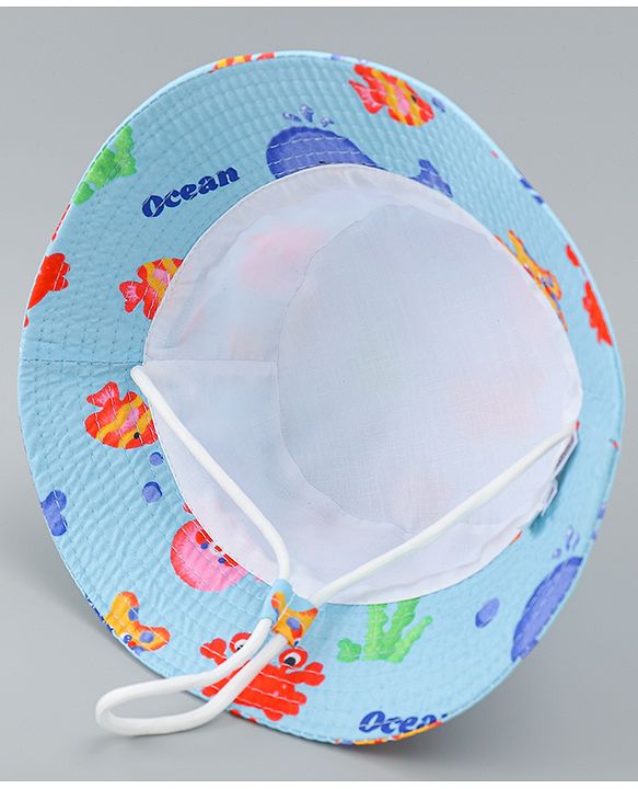 Babyhug Bucket Hat with Sea Life Print Light Blue - Diameter 17 cm
