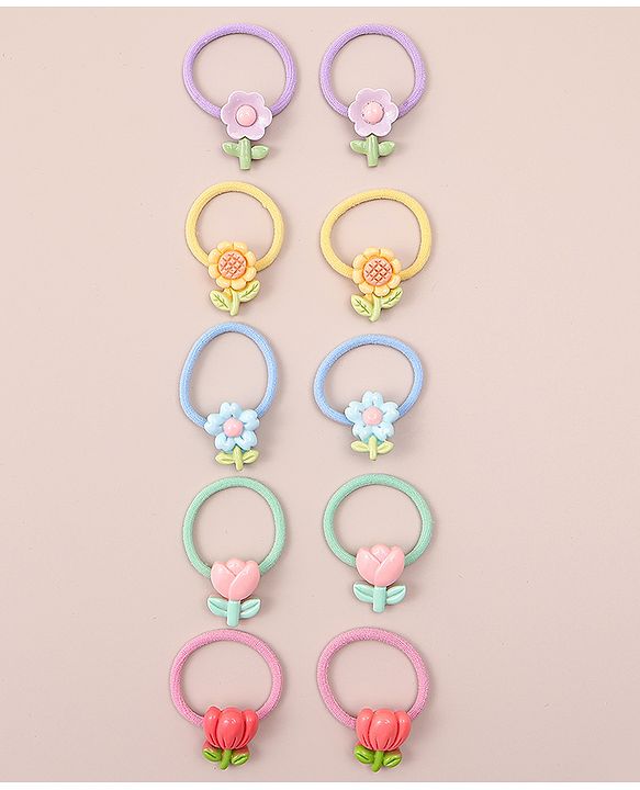 Babyhug Hair Rubber Bands with Floral Applique Free Size Pack of 5 - Multicolor