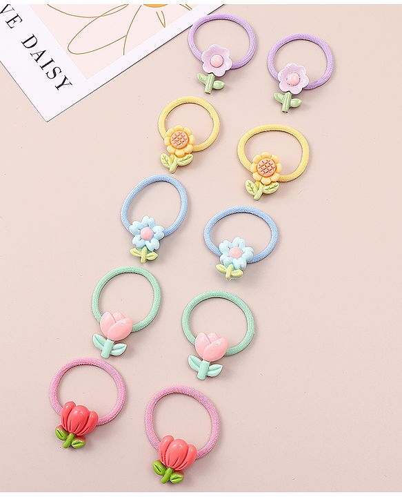 Babyhug Hair Rubber Bands with Floral Applique Free Size Pack of 5 - Multicolor