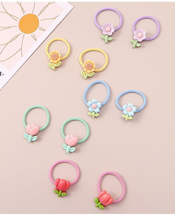Babyhug Hair Rubber Bands with Floral Applique Free Size Pack of 5 - Multicolor