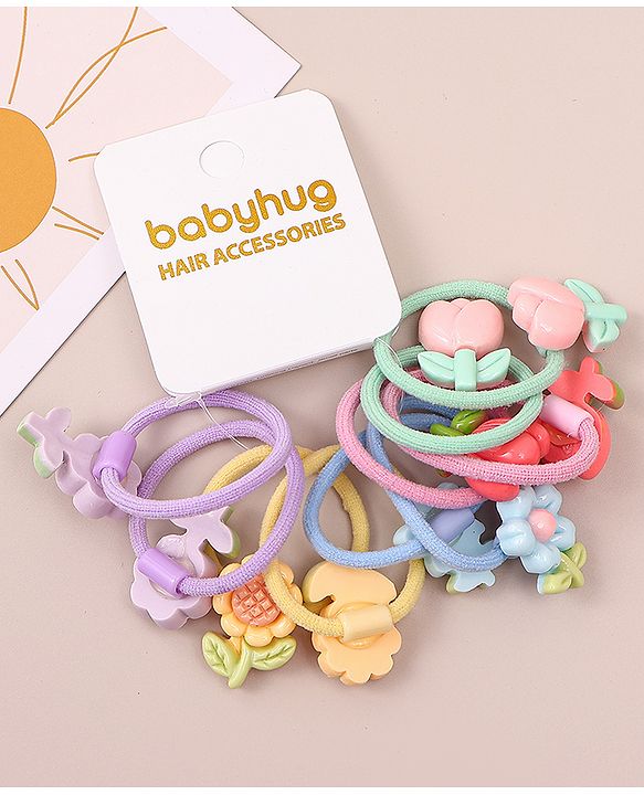Babyhug Hair Rubber Bands with Floral Applique Free Size Pack of 5 - Multicolor