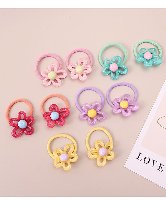 Pine Kids Hair Rubber Bands with Floral Apptique Free Size Pack of 5 - Multicolour