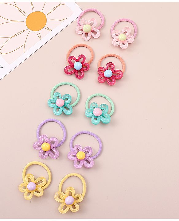 Pine Kids Hair Rubber Bands with Floral Apptique Free Size Pack of 5 - Multicolour