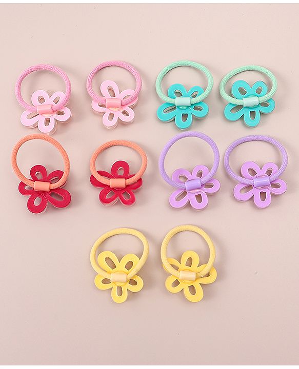 Pine Kids Hair Rubber Bands with Floral Apptique Free Size Pack of 5 - Multicolour