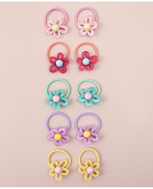 Pine Kids Hair Rubber Bands with Floral Apptique Free Size Pack of 5 - Multicolour