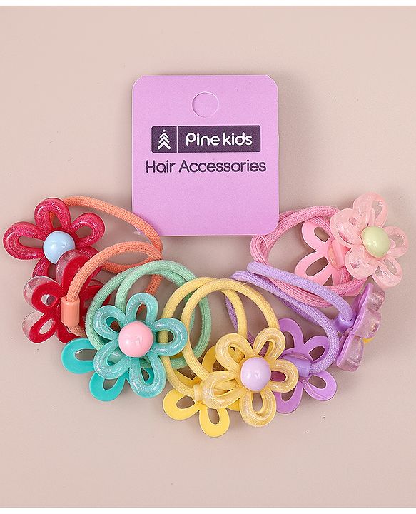 Pine Kids Hair Rubber Bands with Floral Apptique Free Size Pack of 5 - Multicolour