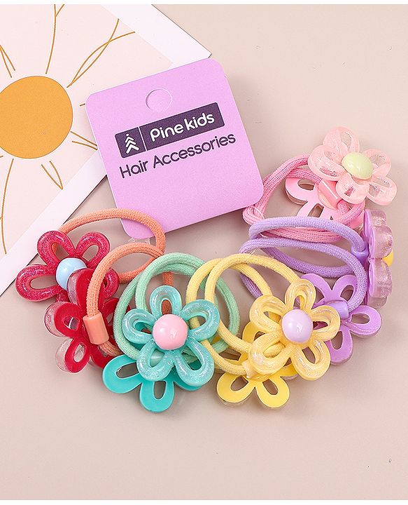 Pine Kids Hair Rubber Bands with Floral Apptique Free Size Pack of 5 - Multicolour