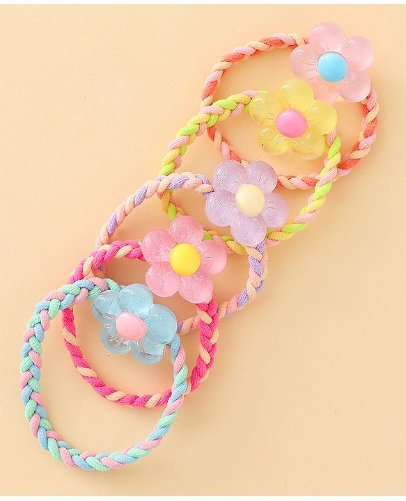 Pine Kids Hair Rubber Bands with Floral Applique Pack Of 5 - Yellow Pink & Blue