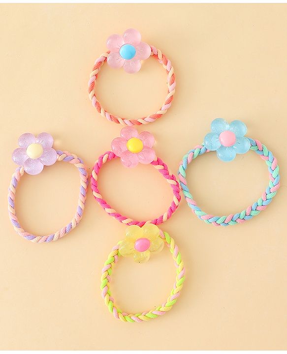 Pine Kids Hair Rubber Bands with Floral Applique Pack Of 5 - Yellow Pink & Blue