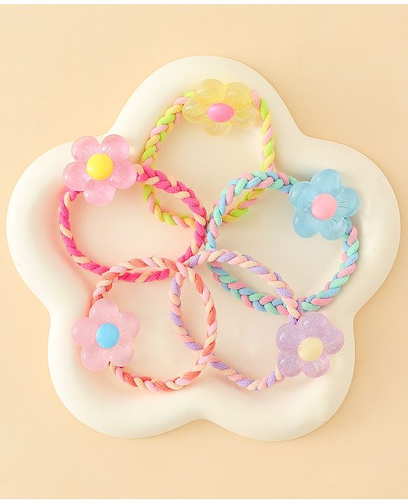 Pine Kids Hair Rubber Bands with Floral Applique Pack Of 5 - Yellow Pink & Blue