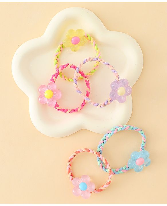 Pine Kids Hair Rubber Bands with Floral Applique Pack Of 5 - Yellow Pink & Blue