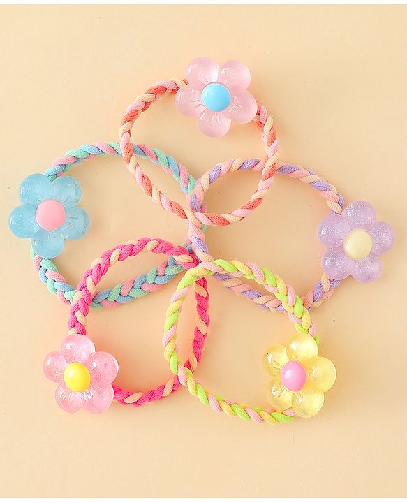 Pine Kids Hair Rubber Bands with Floral Applique Pack Of 5 - Yellow Pink & Blue