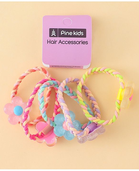 Pine Kids Hair Rubber Bands with Floral Applique Pack Of 5 - Yellow Pink & Blue