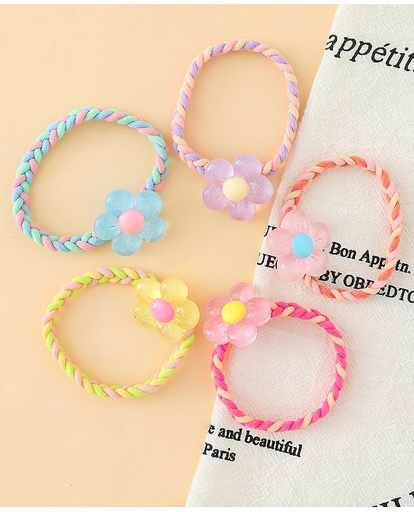 Pine Kids Hair Rubber Bands with Floral Applique Pack Of 5 - Yellow Pink & Blue