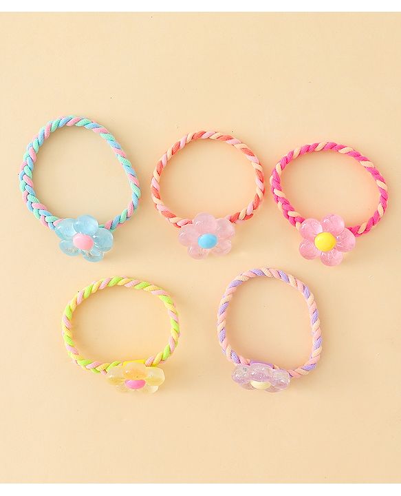 Pine Kids Hair Rubber Bands with Floral Applique Pack Of 5 - Yellow Pink & Blue
