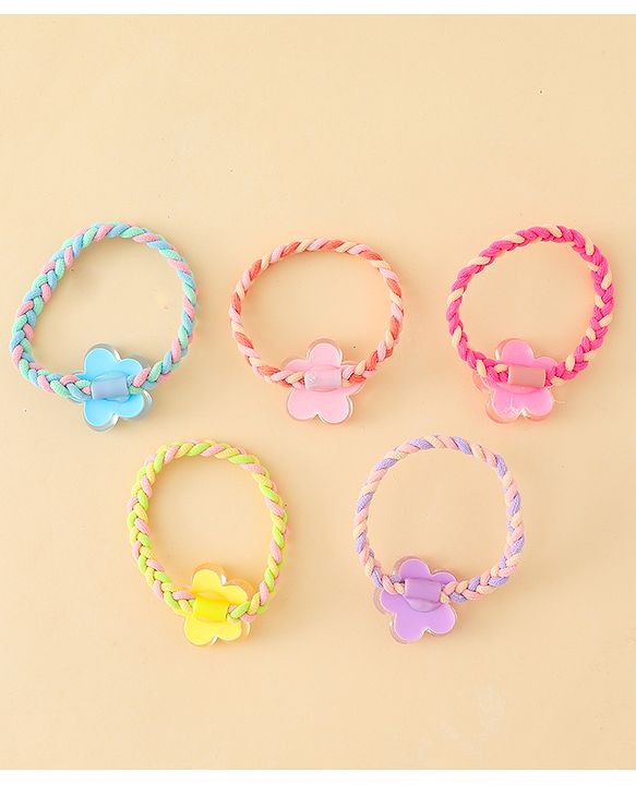 Pine Kids Hair Rubber Bands with Floral Applique Pack Of 5 - Yellow Pink & Blue