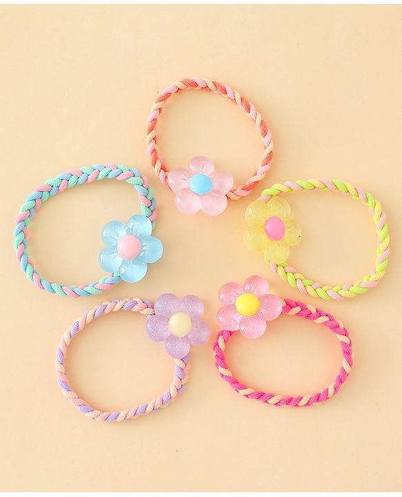 Pine Kids Hair Rubber Bands with Floral Applique Pack Of 5 - Yellow Pink & Blue