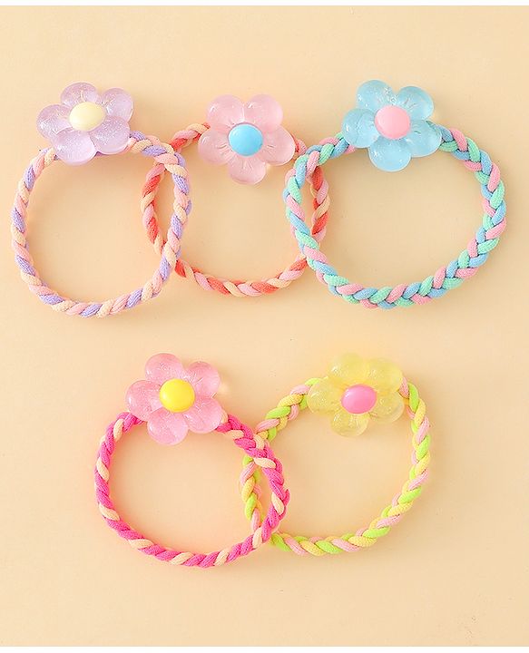Pine Kids Hair Rubber Bands with Floral Applique Pack Of 5 - Yellow Pink & Blue