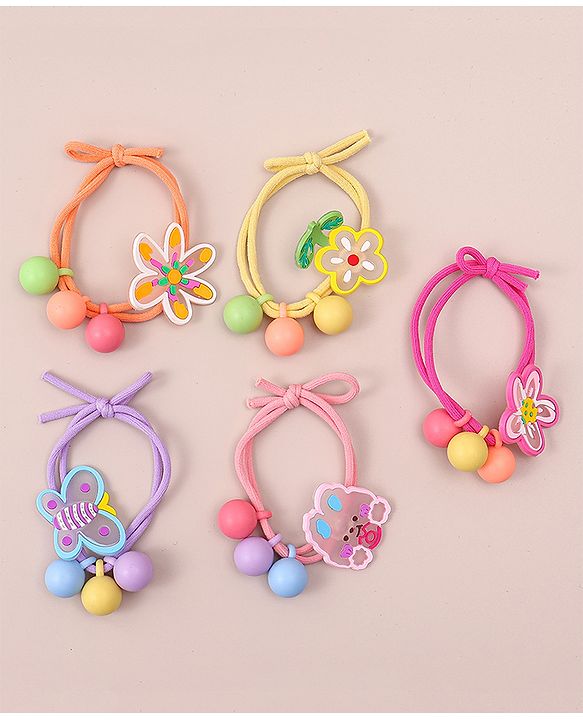Pine Kids Hair Rubber Bands With Floral Applique   Free Size Pack of 5 - Multicolour