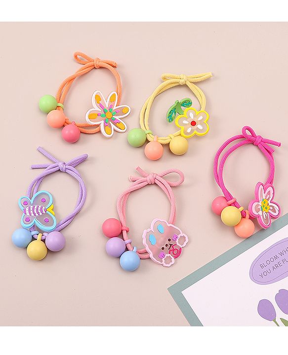Pine Kids Hair Rubber Bands With Floral Applique   Free Size Pack of 5 - Multicolour