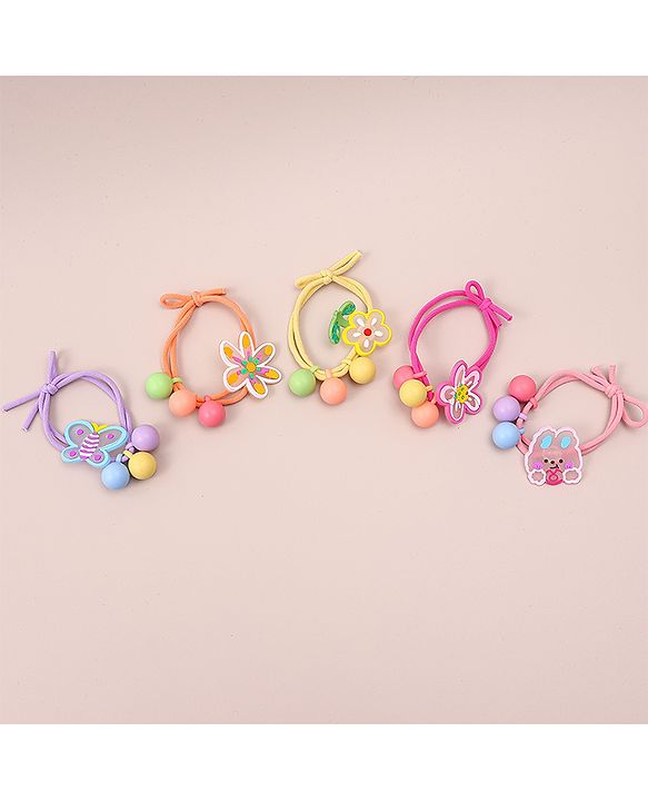 Pine Kids Hair Rubber Bands With Floral Applique   Free Size Pack of 5 - Multicolour