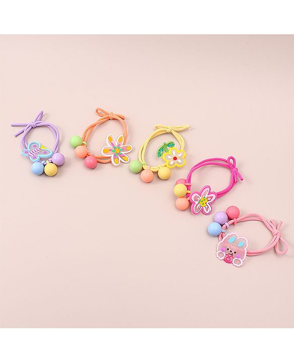 Pine Kids Hair Rubber Bands With Floral Applique   Free Size Pack of 5 - Multicolour