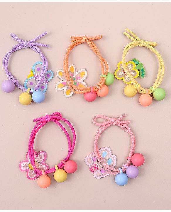 Pine Kids Hair Rubber Bands With Floral Applique   Free Size Pack of 5 - Multicolour