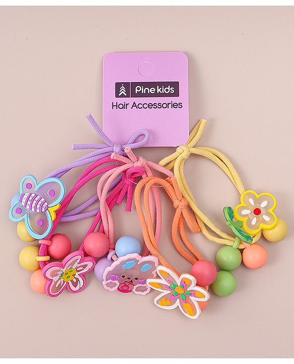 Pine Kids Hair Rubber Bands With Floral Applique   Free Size Pack of 5 - Multicolour