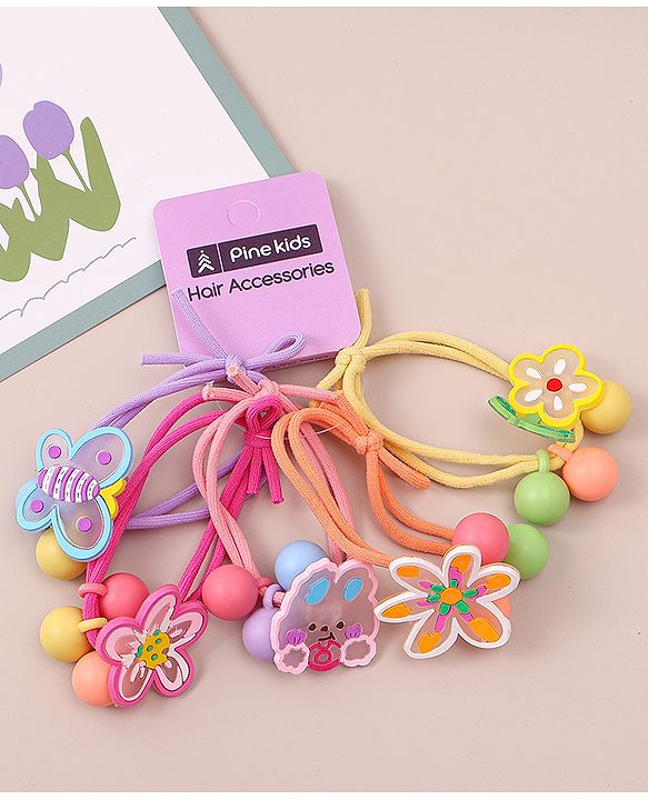 Pine Kids Hair Rubber Bands With Floral Applique   Free Size Pack of 5 - Multicolour
