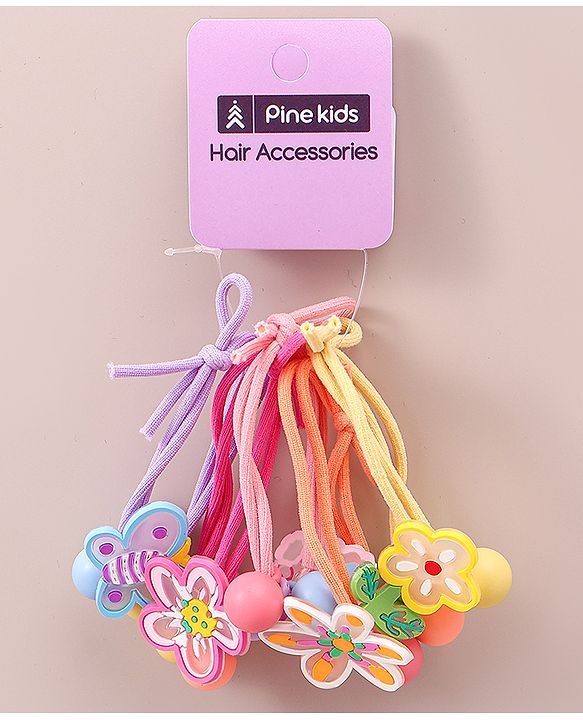 Pine Kids Hair Rubber Bands With Floral Applique   Free Size Pack of 5 - Multicolour