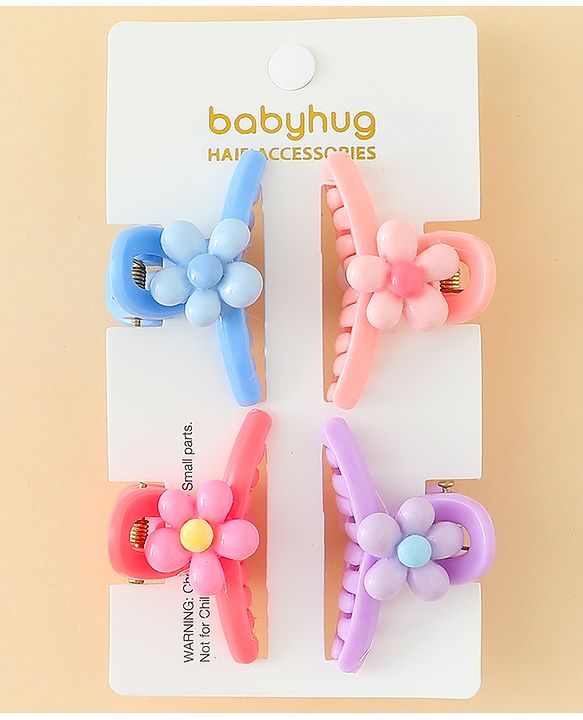 Babyhug Hair Clips with Floral Applique Design Pack of 4  - Multicolor