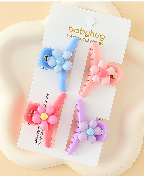 Babyhug Hair Clips with Floral Applique Design Pack of 4  - Multicolor