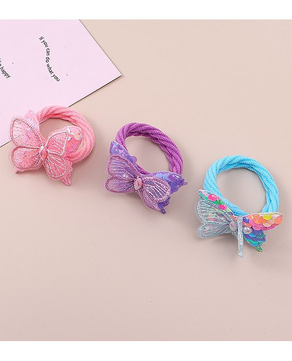 Babyhug Hair Rubber Bands WIth Satin And Butterfly Apptique  Free Size Pack of 3 - Multicolor