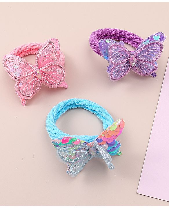 Babyhug Hair Rubber Bands WIth Satin And Butterfly Apptique  Free Size Pack of 3 - Multicolor