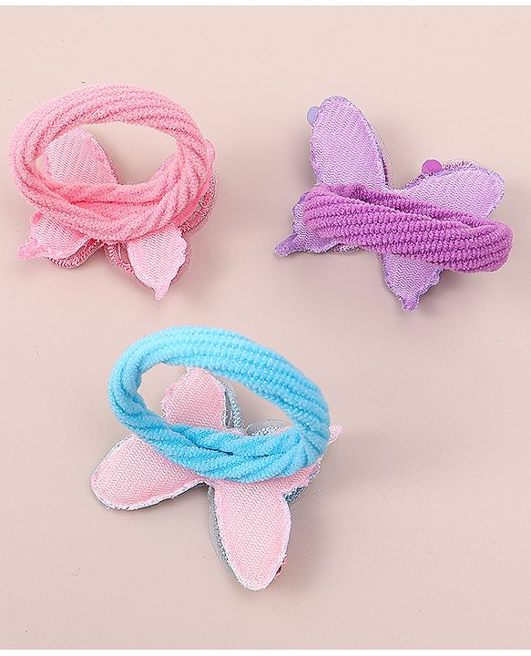 Babyhug Hair Rubber Bands WIth Satin And Butterfly Apptique  Free Size Pack of 3 - Multicolor