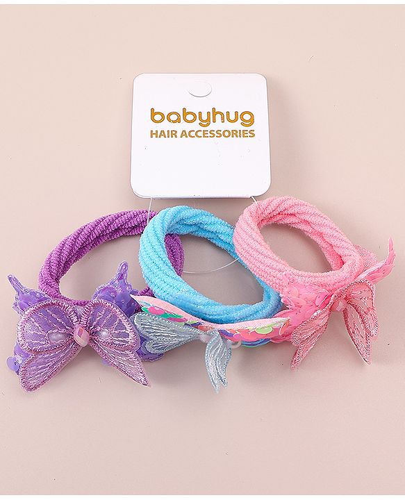 Babyhug Hair Rubber Bands WIth Satin And Butterfly Apptique  Free Size Pack of 3 - Multicolor