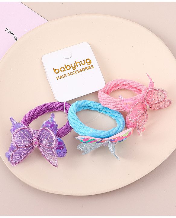 Babyhug Hair Rubber Bands WIth Satin And Butterfly Apptique  Free Size Pack of 3 - Multicolor