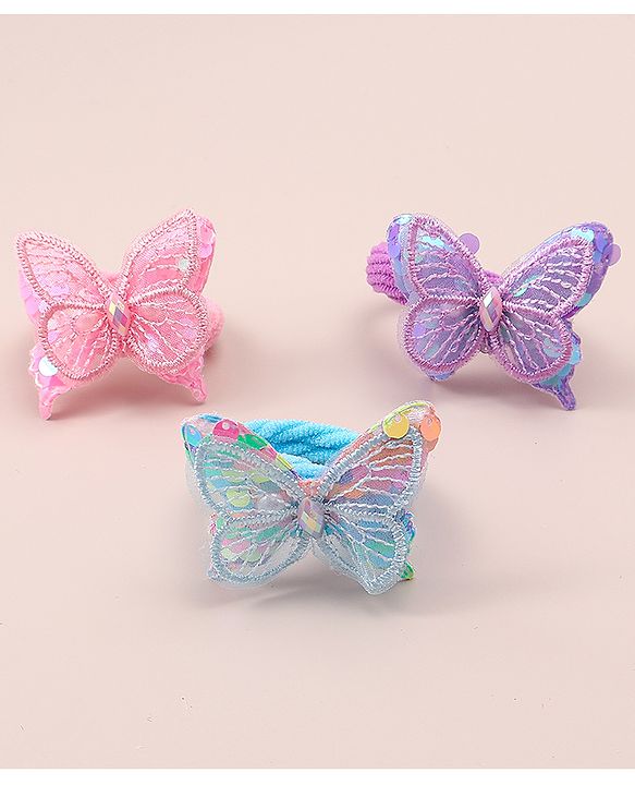 Babyhug Hair Rubber Bands WIth Satin And Butterfly Apptique  Free Size Pack of 3 - Multicolor
