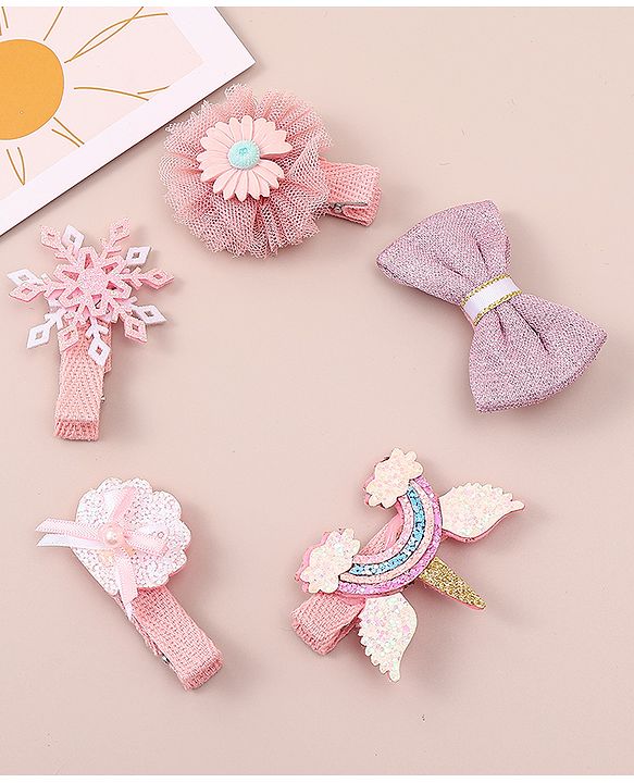 Babyhug Bow & Butterfly Clips With Floral Apptique Free Size Pack of 5 - Multicolor