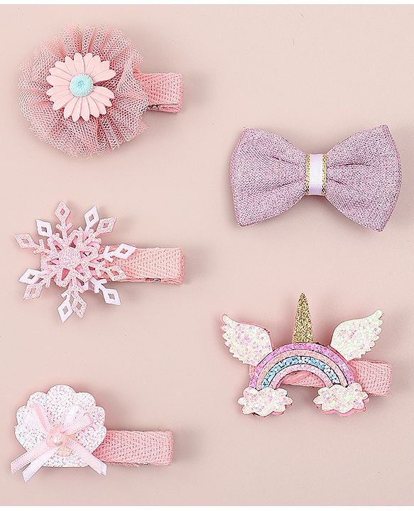 Babyhug Bow & Butterfly Clips With Floral Apptique Free Size Pack of 5 - Multicolor