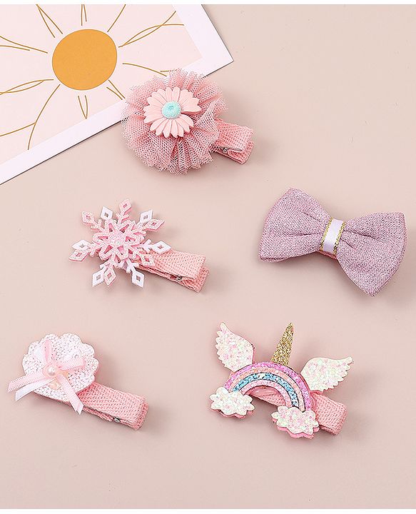 Babyhug Bow & Butterfly Clips With Floral Apptique Free Size Pack of 5 - Multicolor