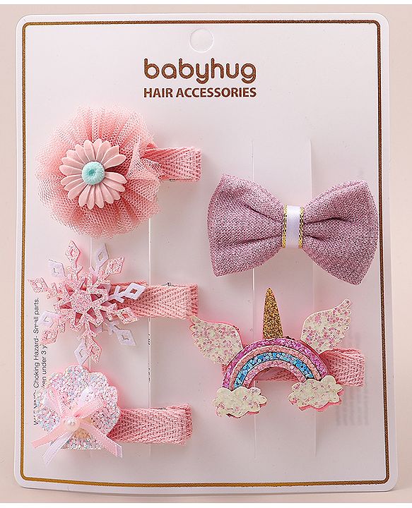 Babyhug Bow & Butterfly Clips With Floral Apptique Free Size Pack of 5 - Multicolor