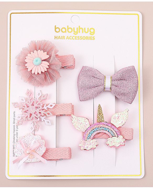 Babyhug Bow & Butterfly Clips With Floral Apptique Free Size Pack of 5 - Multicolor